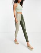 Topshop Faux Leather Contrast Zip Fly Legging In Sage And Khaki-multi