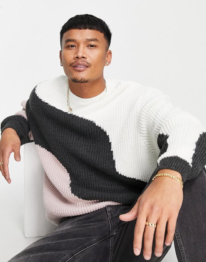 Asos Design Knitted Fisherman Rib Sweater With Abstract Design In Cream-neutral