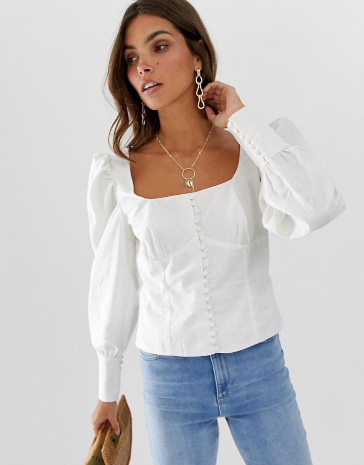 Asos Design Long Sleeve Square Neck Button Through Top In Linen - White