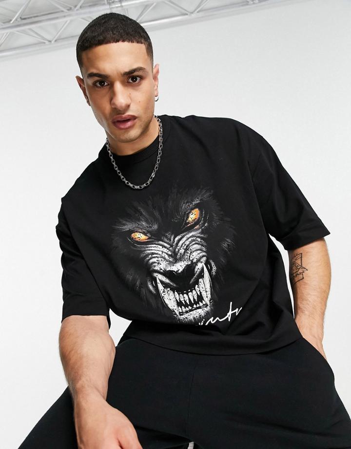 Asos Dark Future Oversized T-shirt In Washed Black With Wolf Graphic Print