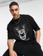 Asos Dark Future Oversized T-shirt In Washed Black With Wolf Graphic Print