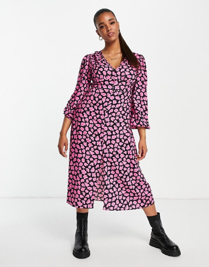 Miss Selfridge Button Up Midi Dress In Pink Floral-black