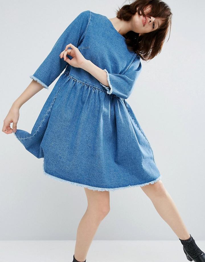 Asos Denim Smock Dress In Midwash Blue - Blue