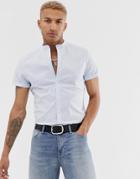 Asos Design Slim Fit Work Shirt With Grandad Collar & Stripe In Blue