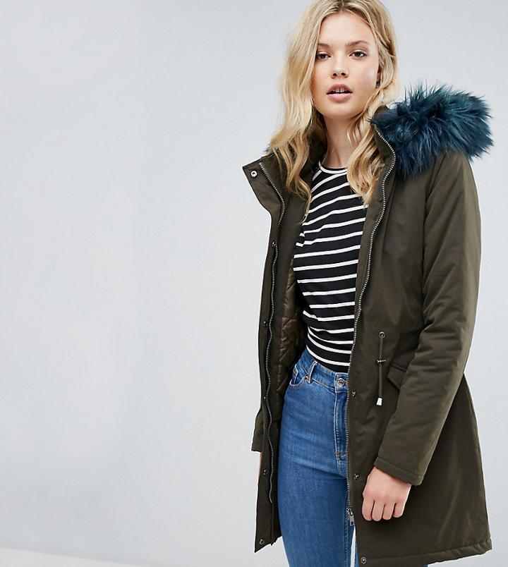Brave Soul Tall Blue Faux Fur Hood Parka - Green
