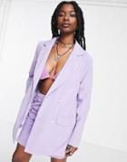 Daisy Street Oversized Boyfriend Blazer With Retro Floral Buttons In Lilac - Part Of A Set-purple