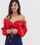 Glamorous Petite Crop Milkmaid Top With Lace Up Front In Broderie
