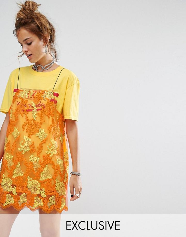 Reclaimed Vintage Inspired T-shirt Dress With Smock Lace Overlay - Yellow