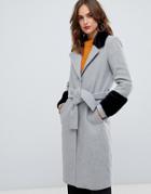 Y.a.s Faux Fur Trim Wrap Coat - Gray