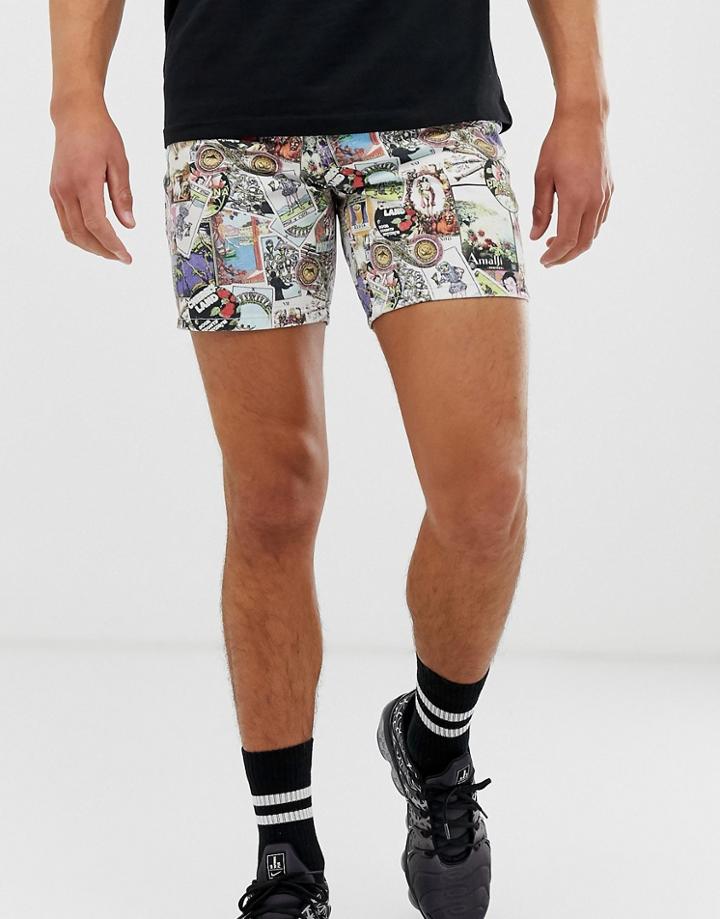 Asos Design Denim Shorts In Postcard Print In Shorter Length - White