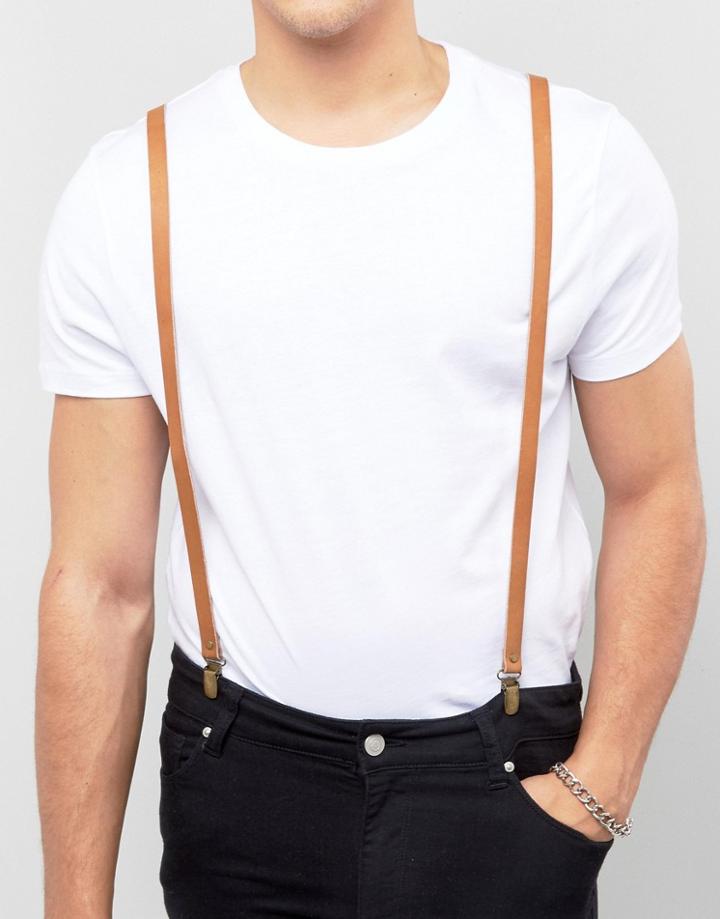 Asos Tan Leather Suspenders In Gift Box - Tan