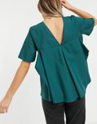 Asos Design Short Sleeve Cotton Top With Pleat Back In Forest Green-no Color