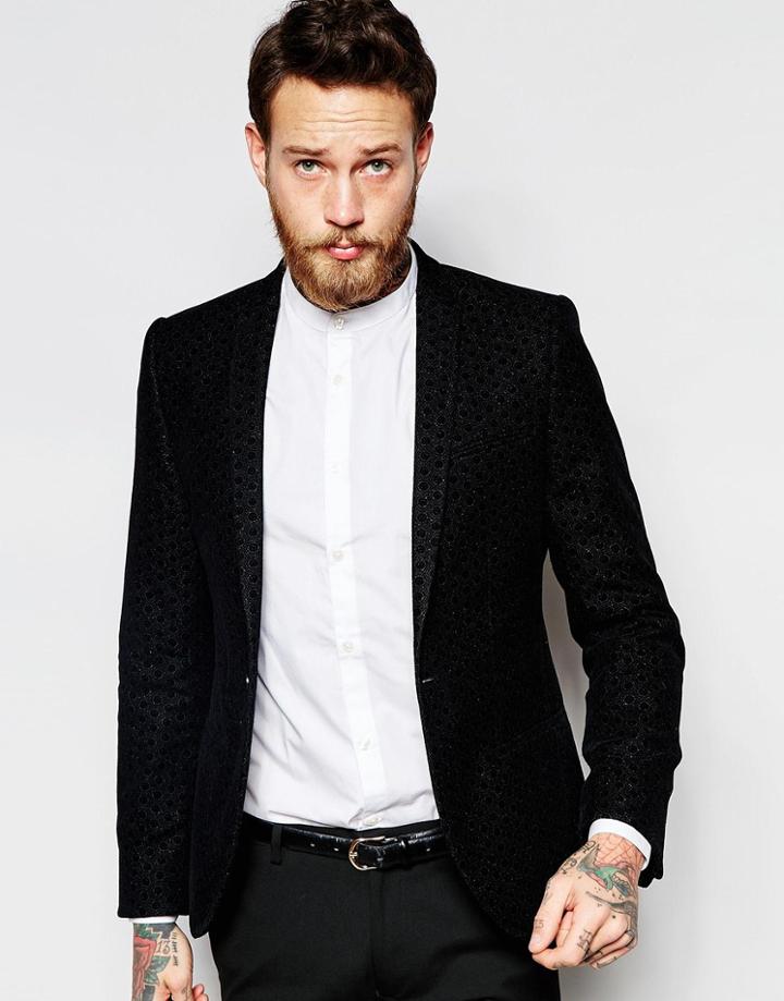 Noak Blazer With Geo Flocking In Skinny Fit - Black