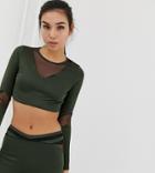 Missguided Gym Mesh Insert Long Sleeve Top In Khaki - Green