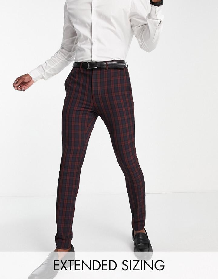 Asos Design Wedding Super Skinny Suit Trousers In Burgundy Tartan-red