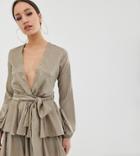 John Zack Tall Plunge Front Skater Dress In Textured Taupe - Beige
