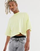 Asos Design Oversized Crop T-shirt With Mid Sleeve And High Neck In Pale Yellow