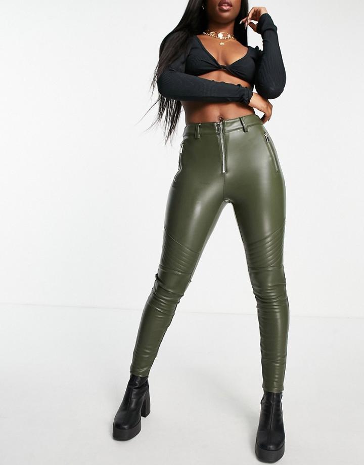 Topshop Faux Leather Skinny Fit Biker Pants In Khaki-green