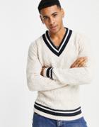 Gianni Feraud Collegiate Cable Knit V Neck Jumper Sweater-white