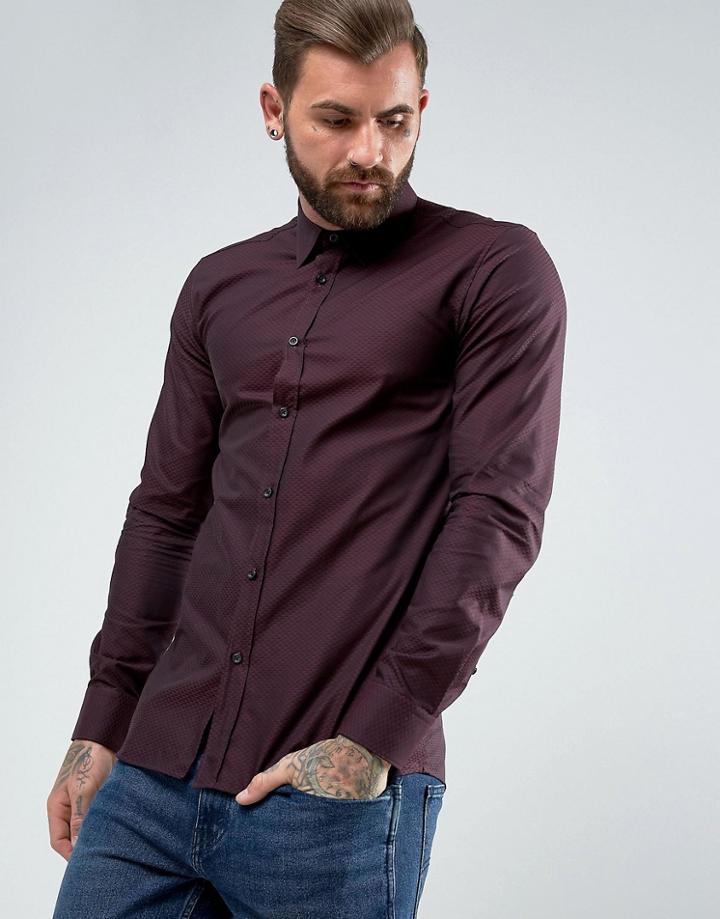 Hugo By Hugo Boss Elisha Extra Slim Diamond Geo Shirt In Burgundy - Red