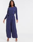 Asos Design Tie Waist Jumpsuit With Long Sleeves In Navy Polka Dot-multi