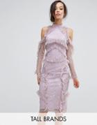True Decadence Tall All Over Lace Frill Cold Shoulder Midi Dress - Pink