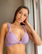 Asos Design Fuller Bust Tab Knot Bikini Top In Purple And Gold Metallic Stripe-multi