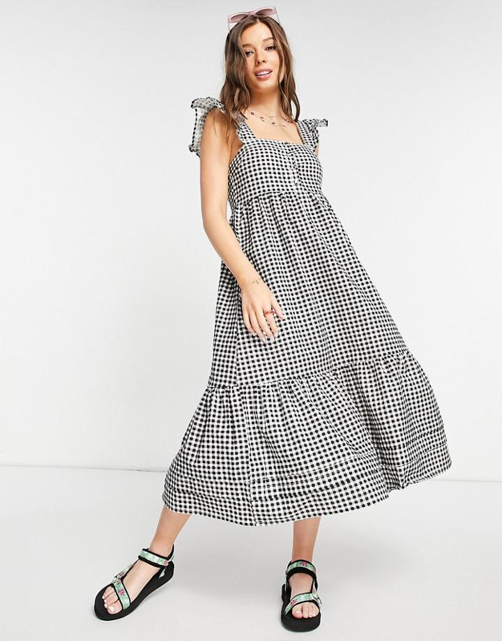 Asos Design Square Neck Ruffle Smock Midi Sundress In Linen In Mono Gingham-multi