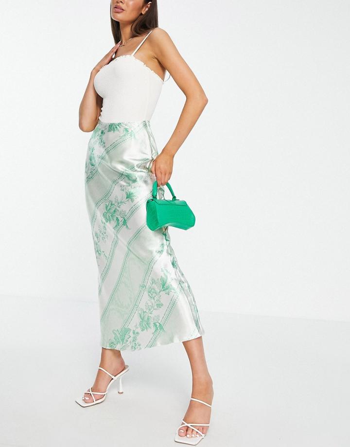 Asos Design Satin Bias Maxi Skirt In Green Floral Print-multi