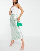 Asos Design Satin Bias Maxi Skirt In Green Floral Print-multi