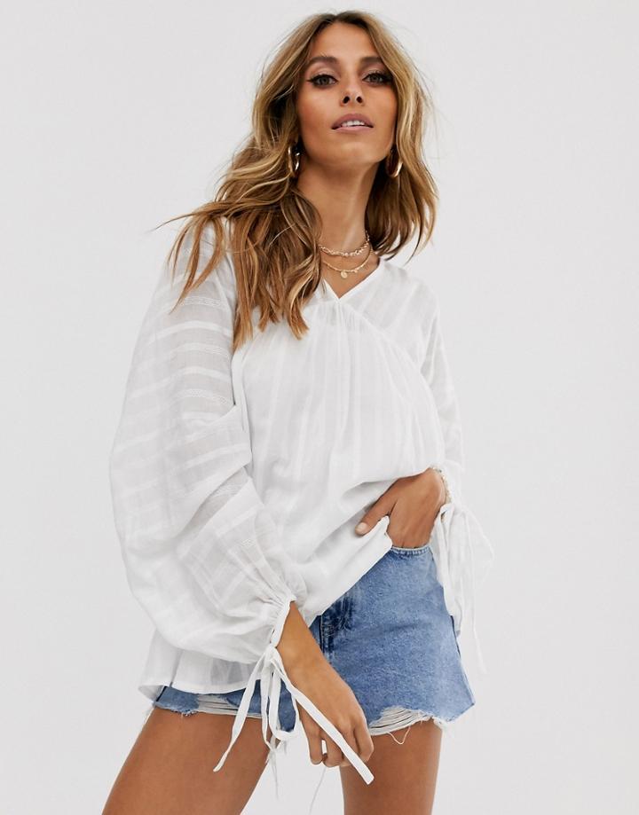 Asos Design V Neck Smock Top In Textured Stripe-white