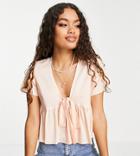 Asos Design Petite Short Sleeve Tie Front Tea Blouse In Peach-white