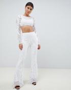 Club L Allover Baroque Sequin Flare Pants In White - White