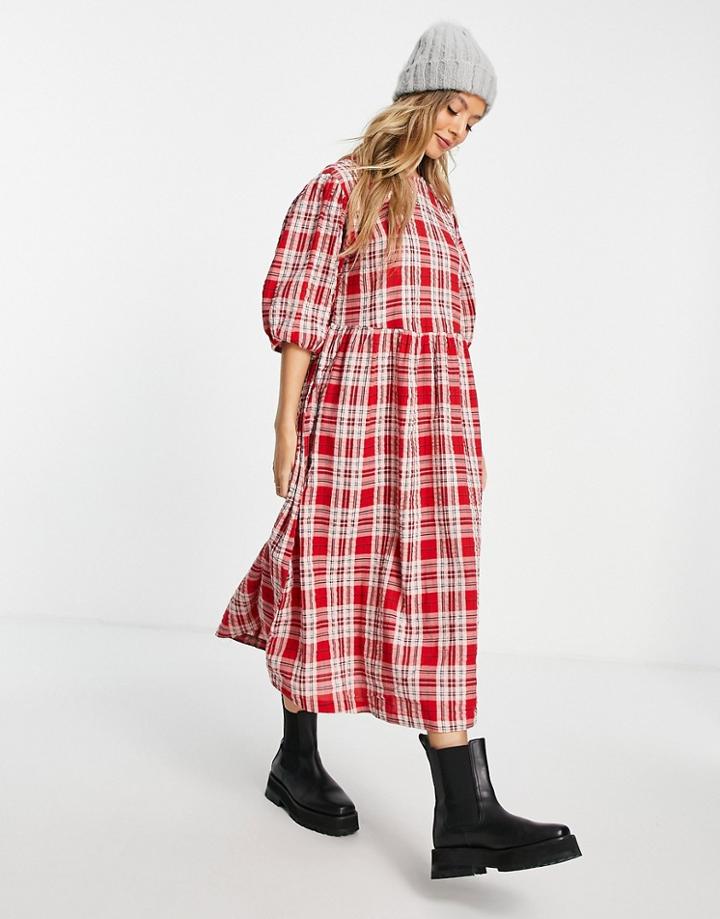 Monki Check Seersucker Smock Midi Dress In Red