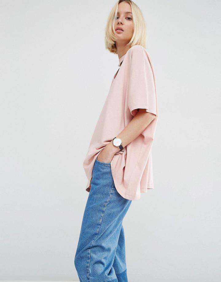 Asos White Oversized T-shirt With V-cut Out Detail - Pink