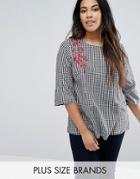 New Look Plus Gingham Embroidered Top - Black