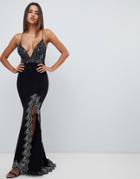 Love Triangle Plunge Front Strappy Back Maxi Dress With Contrast Lace Applique In Black - Black