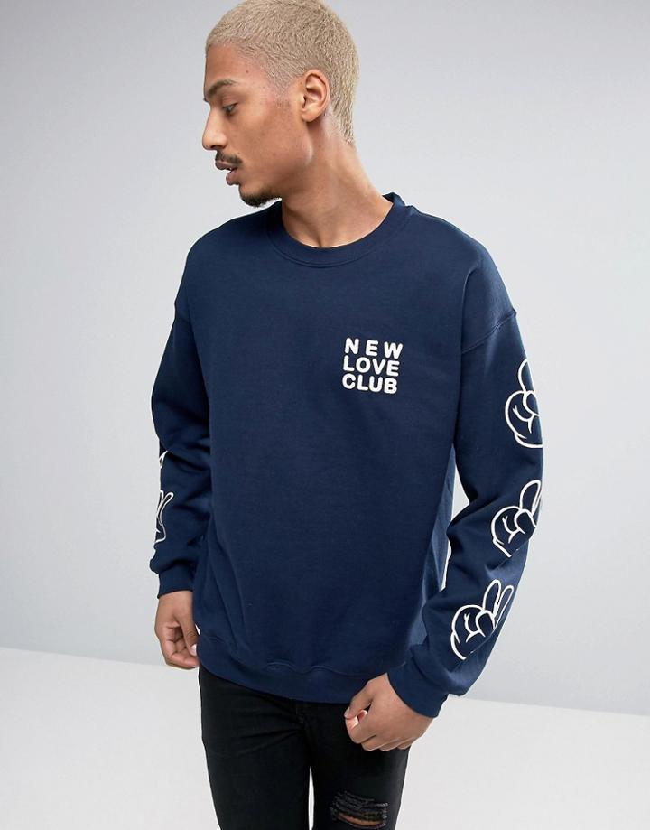 New Love Club Gesture Sleeve Print Sweater - Navy