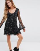 Kiss The Sky Swing Dress With Sheer Sleeves And Delicate Floral Embroidery - Black
