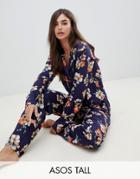 Asos Design Tall Oversized Sketched Floral Print Traditional 100% Modal Pants Set - Navy