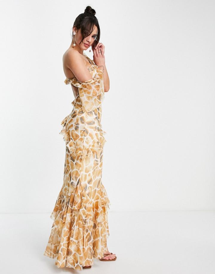 Asos Design Fallen Shoulder Maxi Dress With Bias Ruffle Detail In Animal Print-multi