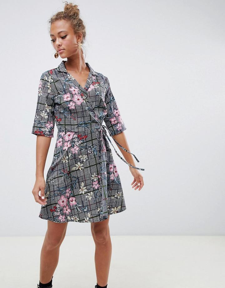 Influence Check And Floral Print Wrap Dress - Gray