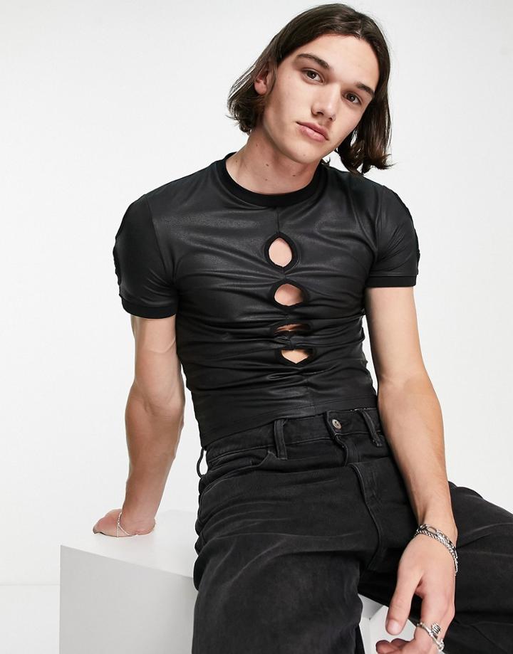 Asos Design Muscle T-shirt In Black Coated Fabric With Cut Outs