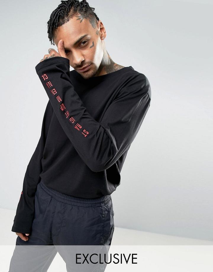 Mennace Long Sleeved Top With Embroidery Detail In Black - Black