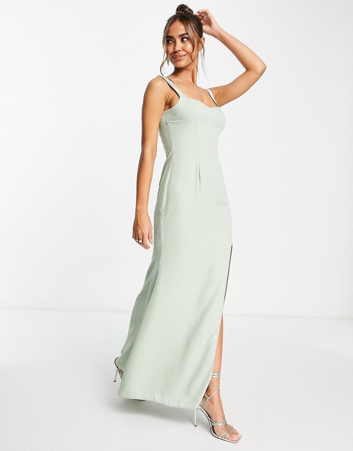 Asos Design Bridesmaids Maxi Dress With Curved Neckline And Satin Straps-green