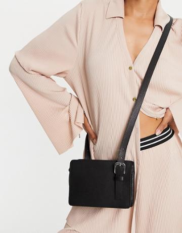Asos Design Leather Double Buckle Boxy Cross-body Bag In Black