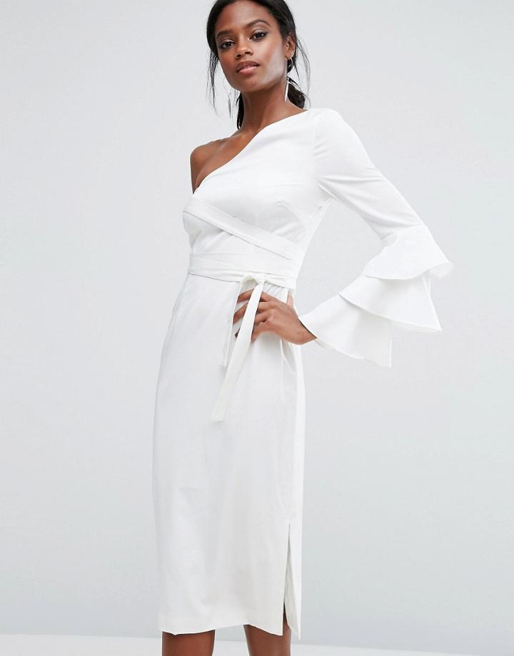 Lavish Alice Pencil Dress With Exaggerated Ruffle Sleeve - White