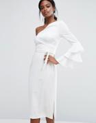 Lavish Alice Pencil Dress With Exaggerated Ruffle Sleeve - White