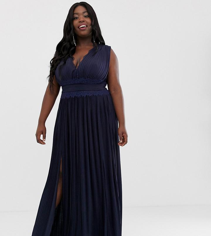 Asos Design Curve Premium Lace Insert Pleated Maxi Dress-navy