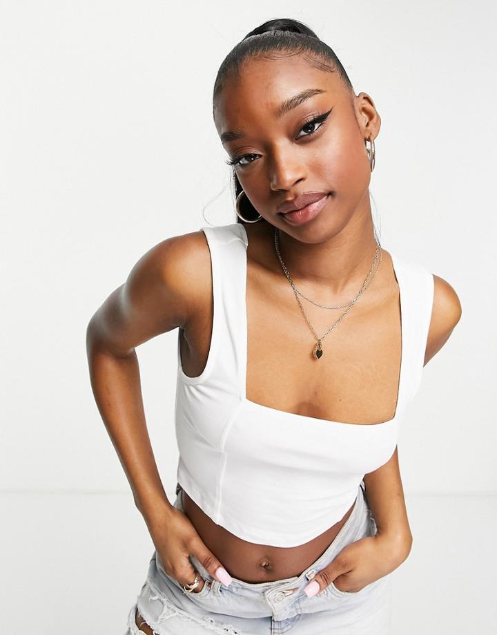 Asos Design Crop Cami With Square Neck And Seam Detail In White